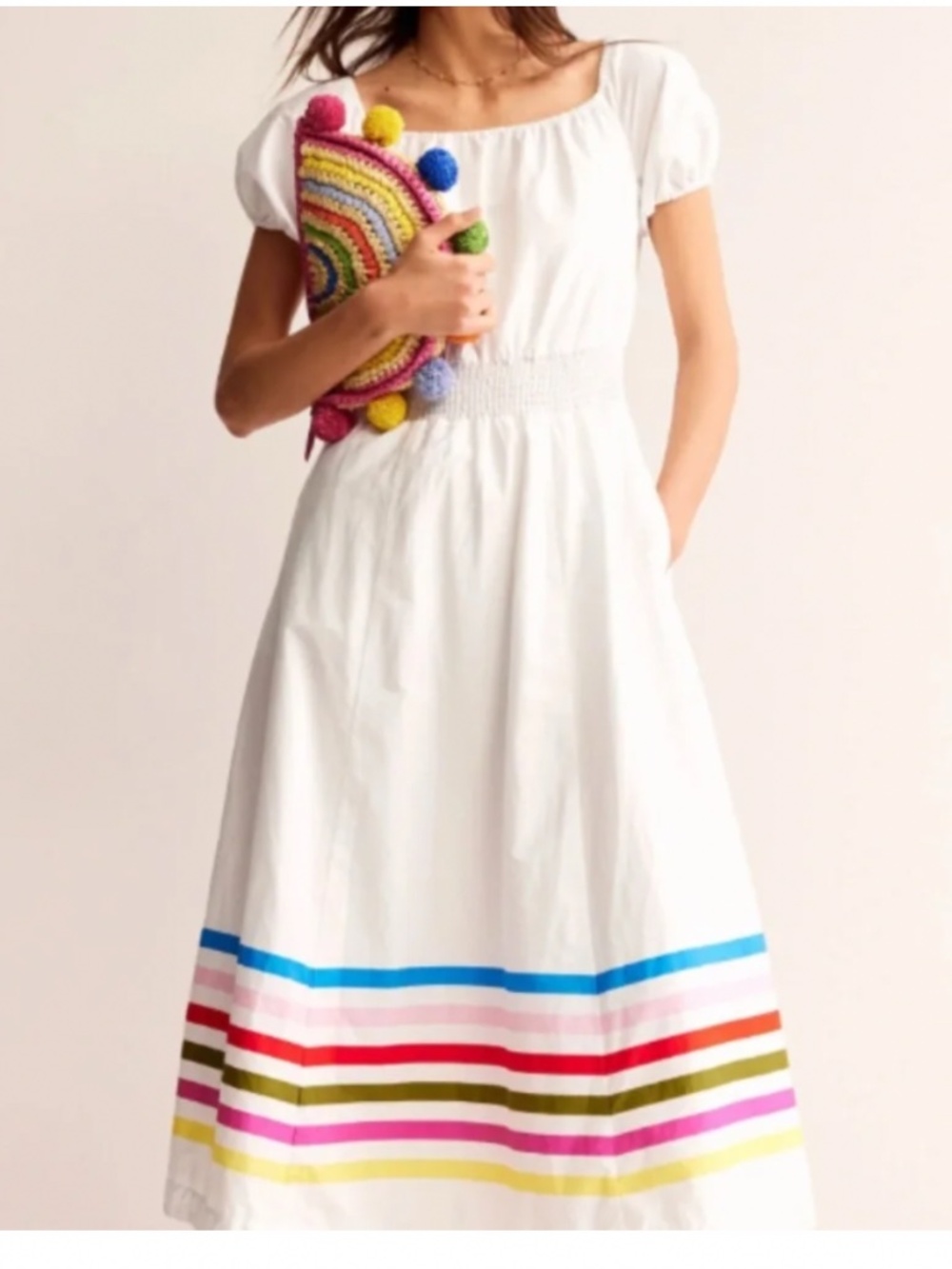 NWT Boden rainbow stripe white cotton peasant dress 8 M